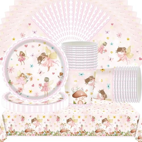 Doyomtoy Feen-Party-Geschirr,61 Stück Fee Partygeschirr Kindergeburtstag Set,Mädchen Geburtstag Party Set Geburtstagsteller,Tassen,Servietten für Kindergeburtstag Deko(20 Gäste)