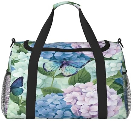 Mexpekil Sac de sport pour homme et femme Motif papillons et hortensias, multicolore, 19.7x10.2x13 in, Sac de voyage