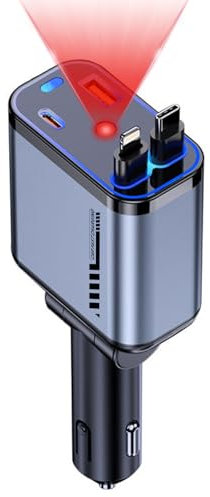 Caricatore da auto retrattile 4 in 1, adattatore da auto a ricarica rapida da 120 W, doppio caricatore USB-C per accendisigari, compatibile con iPhone 15/14/13/12, Samsung Galaxy S24, iPad Pro, PD30W