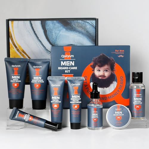 QUIYUM Cuidado masculino Set, conjunto de cuidado facial de 5 piezas (limpiador facial, exfoliante, crema para ojos y facial),conjunto de cuidado de barba de 3 piezas(champú, aceite y Balsamo per barb