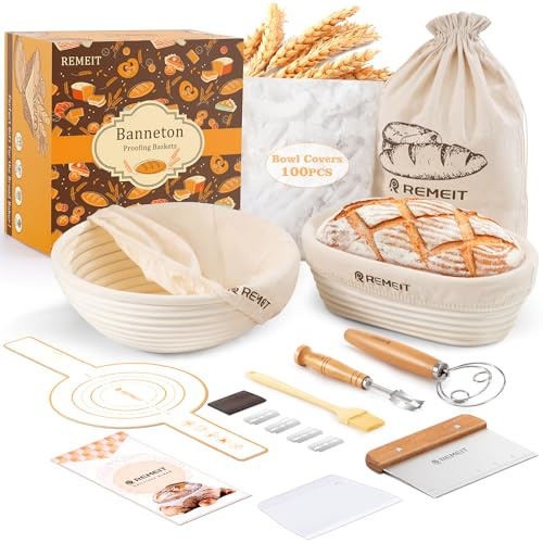 REMEIT Gärkorb Set, Gärkorb Brot. 23cm Rund & 25cm Oval Gärkörbchen aus Natürlichem Rattan, mit Komplettset Brotbackzubehör, Premium Sauerteig Starter Set – das ideale Geschenk für Backbegeisterte