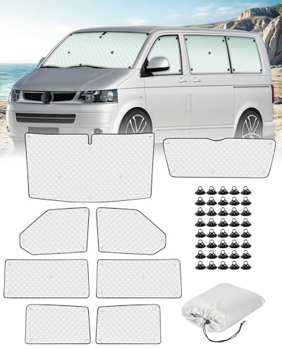 SUPAREE 8 Piezas Cubierta Parabrisas T5 Parasol Furgoneta Camper Interior Parasol Termico Furgoneta para SWB T5 T6 Protección UV Oclusión 100% con Bolsa Almacenamiento