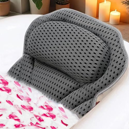 Bath Pillow, Non-Slip Bath Cushion for Head And Neck 4D Bathtub Pillow Air Mesh Headrest Cushion with Suction Cups Fits All Bathtub Spa (Grey)