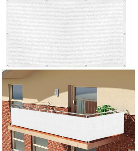 Brise Vue pour Balcon 70 x 150 cm Protection Solaire Respirant Cache Vue Balcon, Protection UV Renforcé avec Oeillets et Cordons Pare Vue Balcon Facile à Installer, pour Balcon Patio, Blanc