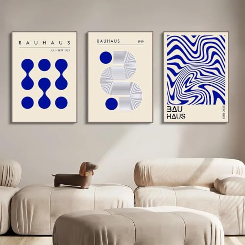 Abstrakte Bauhaus Blau Geometrische Poster Und Drucke Leinwand Malerei Wand Kunst Bild Für Wohnzimmer Wohnkultur 40X60Cmx3Pcs Kein Rahmen