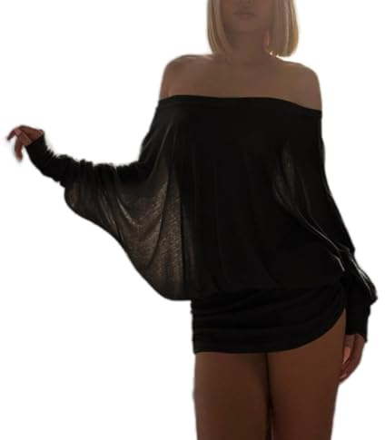 CupitiDU Mini abito in maglia increspata con spalle scoperte, mini abito aderente a maniche lunghe a pipistrello casual elegante vestibilità ampia
