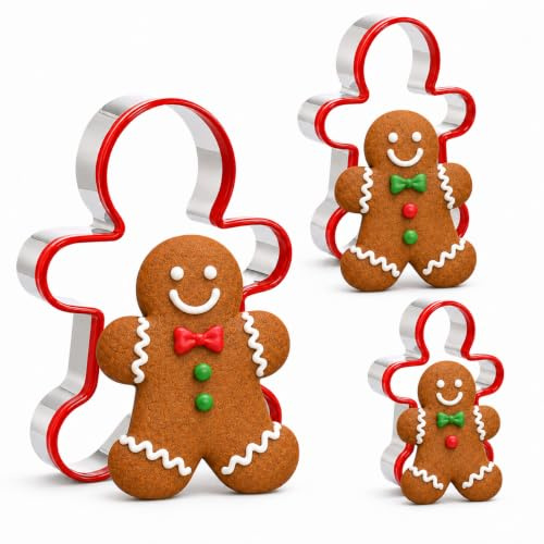 PTaizjjz Ausstechformen-Set Lebkuchenmann, Edelstahl, Weihnachts-Ausstechformen, Werkzeuge mit rotem umweltfreundlichem PVC, 14 cm, 12 cm, 9 cm, 3 Stück