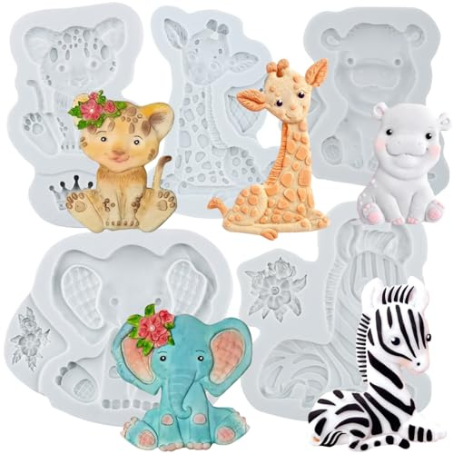 MYRACS Moule à fondant Jungle Animal Éléphant Girafe Moules en silicone Lion Zèbre Hippopotame Moule à chocolat pour décorer les gâteaux et les cupcakes Ensemble de 5 pâtes à modeler et pâtes à sucre