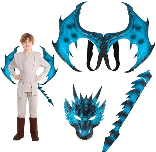 Taechalingo Drachenkostüm, Drachenflügel Schwanz Masken Set, Drachenflügel, Halloween Drachen Maske, Dinosaurier Cosplay Set für Jungen, Mädchen, Halloween Party, Karneval