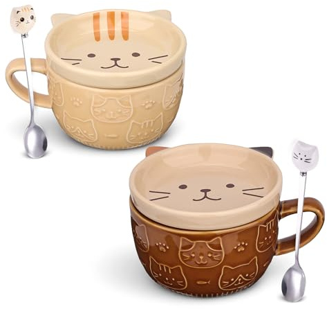 Beyinli Niedliche Kawaii Katze Kaffeebecher mit Deckel, Weihnachten Geburtstag Geschenke für Frauen Freunde Kinder, lustige Neuheit Katze Kaffee Tee Tassen, 2 Set