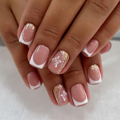 Nymora 24 pcs Jelly Gel Press On Nägel zum Aufkleben Kurz - Kreative Blühende Blumen French Fake Nägel für Frauen und Mädchen