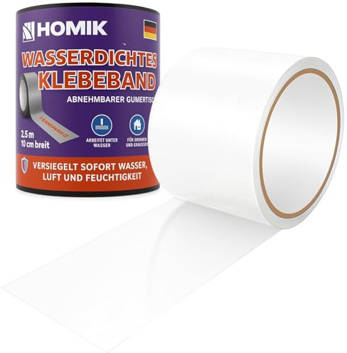 HOMIK Extremt stark vit vattentät tejp utomhus och inomhus | tätningstejp vattentät 10 cm x 2,5 m | UV-resistent | Duct Tape | självsvetsande tejp