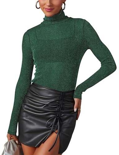 Mesh Oberteile Damen Glitzer Durchsichtig Netzoberteil Transparentes Langarmshirt Sexy Mesh Sheer Shirt Clubwear Party Tops（9375M,Dunkelgrün）