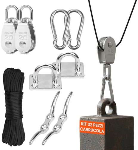 Kit Carrucola in Acciaio Inox - Puleggia a Rotazione 360° con Fune 20 Metri - Include Moschettoni, Ganci e Fissaggi - Sollevamento per Carichi, Amache e Tende da Sole - Resistente alla Ruggine