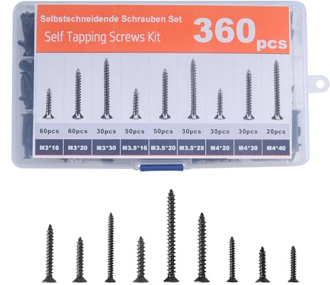 SZWLJ 360PCS M3/M3.5/M4 Self Tapping Screws, 16-40mm 7 Sizes Small Screws Assortment,‌Black‌ Cross Countersunk Wood Screws - for Home Maintenance, DIY Projects and Industrial Assembly.