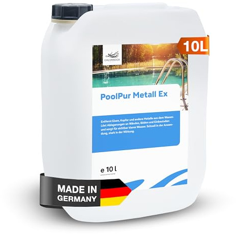 Chlorreich PoolPur Metall-EX flüssig – Reinigungsmittel gegen Kalk und Metall im Pool – entfernt Ablagerungen – für kristallklares Wasser & saubere Beckenwände – Poolreiniger mit Chlor (10 l)