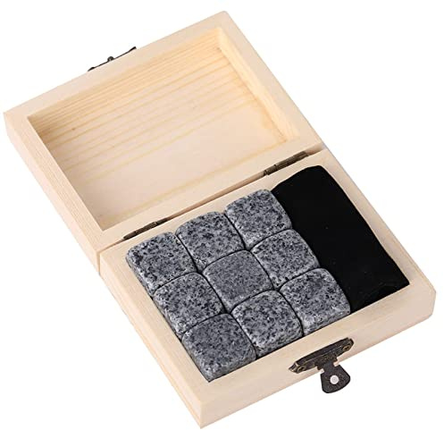 Generic Set di 9 Pietre Refrigeranti Naturali per Whisky, Sicure e Salutari, per gli Amanti della Birra, Confezione in Scatola di Legno (grigio sesamo)