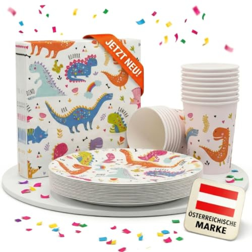 EV® Partygeschirr Set für 16 Kinder – Dino Geburtstag Deko | Bunte Dinos Pappgeschirr - mit Pappteller, Becher & Servietten – Stilvolles Tischdeko Set für besondere Anlässe