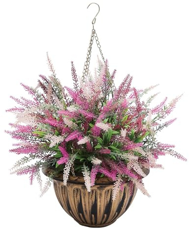 Coopers of Stortford - Artificial Heather Hanging Basket 46cm - Faux Pink and Purple Flowers in Bronze Effect Planter for Indoor or Outdoor Use