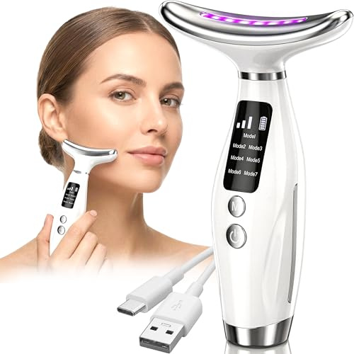 Retoo Masajeador facial contra arrugas con luz LED de 7 colores, 3 modos, función de calor a 45 °C, dispositivo antienvejecimiento, masaje facial EMS para reafirmar la piel cara y cuello USB