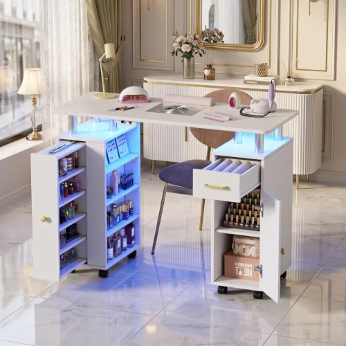 Table Manucure Bureau avec Aspirateur,Table Onglerie en Bois avec Lumières LED réglables,8 Roues,2 Sacs à Poussière,Tiroirs,Étagère,Tables de manucure pour Salon de Beauté,Spa,Maison,108x45x80.5CM