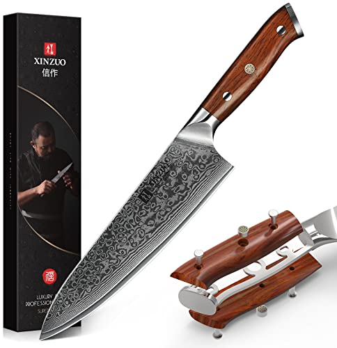 XINZUO 21cm Damaskus Chefmesser -Multifunktions 67 Schichten Damaststahl Kochmesser für Fleisch, Fisch und Gemüse -Gyuto Scharf Profi Handgeschmiedet Küchenmesser -Ergonomischer Rosenholz Griff