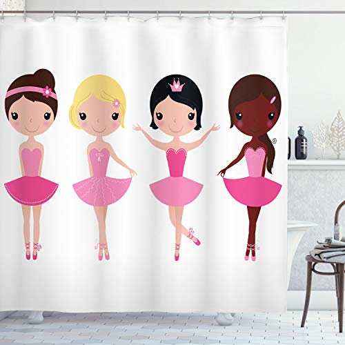 Ambesonne Ballet Shower Curtain, Little Happy Girl Ballerinas National Diversity Cartoon Design, Cloth Fabric Bathroom Decor Set with Hooks, 69 W x 75 L, Pin Tan Brown