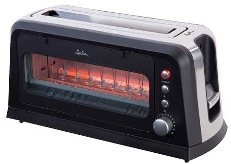 JATA TT632 - Tostadora de Pan con Frontal de Cristal, Ranura Ancha 38 mm, 7 Niveles de Tostado, Descongelar y Recalentar, Bandeja Recogemigas, 900 W