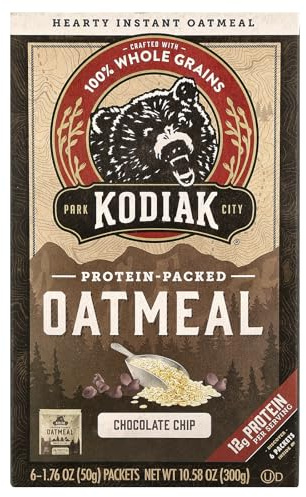 Kodiak Cakes Chocolate Chip Oatmeal, High Protein, Non-GMO, Instant Porridge, 100% Whole Grain Rolled Oats, 12 g of Protein per Pouch, 6 Porridge Sachets, 1 box - 10.58 oz