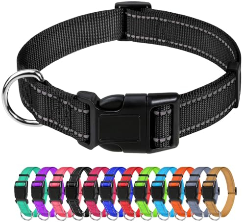 TagME Nylon Hundehalsband, Verstellbares Reflektierendes Hundehalsband mit Sicherheitsschnalle für Große Hunde, Schwarz, 2.5cm Breite