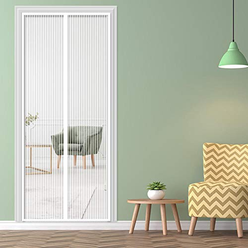 Magnetic Fly Screen Door, 110x200cm, White Magnet Mesh Curtains with Full Frame Magic Tape, Top-to-Bottom Seal Automatically, Mesh Screen Door for Porch and Balcony