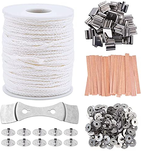 61M Intrecciato Filo Cerato,Stoppini per Candele Fai da te, con Porta Stoppini Sostegno,25 Stoppini per Candele in Legno,25 Supporti in Ferro,100 Base