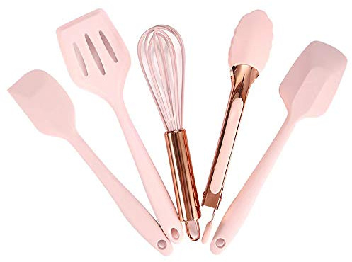 Collfa Rose Gold And Pink Kitchen Utensil Small Five-Piece Set Mini Silicone Kids Kitchen Tools Whisk Spatula Tongs Spoon And Slotted Spatula(Kids Baking Supplies)