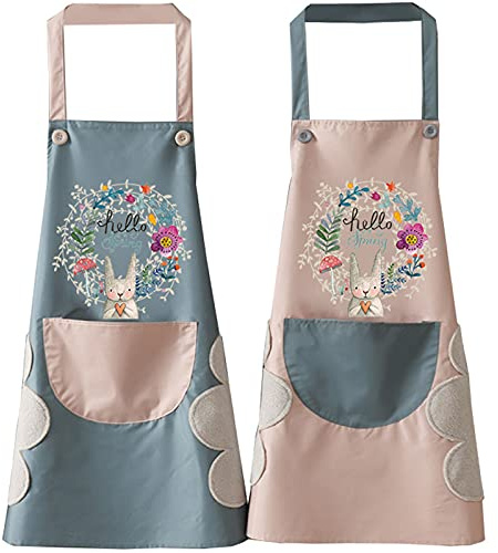 2 Stück Schürze Damen Backschürze Damen Küchenschürze Wasserdicht Kochschürze Verstellbare Schürze mit Taschen Koch Latzschürze Grillschürze Süße Kaninchenschürze für Küche, Restaurant, Café