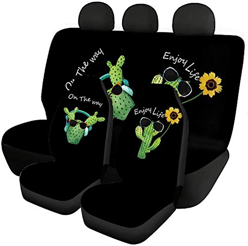 Jeiento Lustiger Autositzschoner für Damen, Motiv: Kaktus und Sonnenblume, komplettes Set, universelle Passform, für die meisten Autos, Limousine, SUV, LKW, Van, einfache Installation