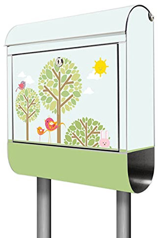 banjado® Briefkasten mit Standfuß Motiv DREI Bäume - Stand Briefkasten Edelstahl mit Zeitungsfach - Postbox/Postkasten A4 Einwurf inkl. Montagematerial & 2 Schlüssel