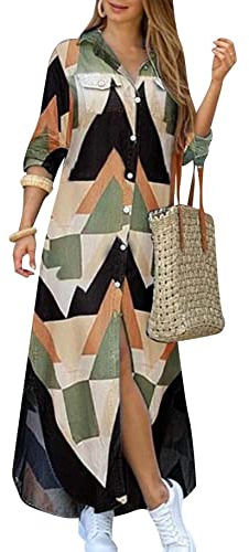 Yming Damen Lässiges Reverskleid Button Down Hemdkleid Langes Gekritzelkleid Langarm Karokleider