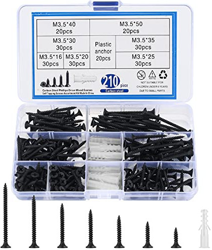 210 Pcs Self Tapping Wood Screws Assortment Set, M3.5 Black Cross Flat Round Head Drywall Plasterboard Screws, with Wall Plugs Anchors for Plasterboard, Drywall, Wood - 16/20/25/30/35/40/50 mm