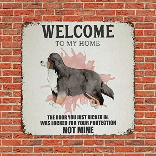 Lustiges Hunde-Metall-Blechschild Plaque Pet Dog Welcome to My Home Retro Haustier Hund Türhänger Schild Vintage Metall Kunstdrucke mit sarkastischem Haustier Hund Spruch Antike Wandkunst für drinnen
