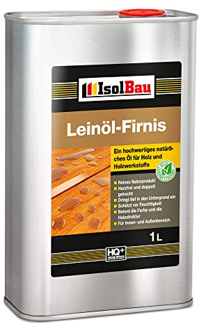 Isolbau Leinöl-Firnis - Doppelt gekochtes farblos Holzöl als natürlicher Holzschutz für Möbel - Wasserabweisend, Biologischer Holzschutz 1 Liter Kanne