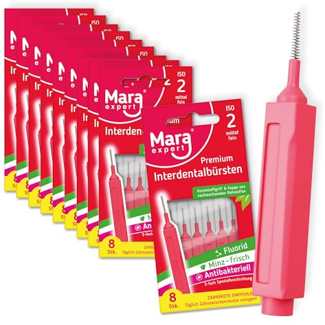 MARA EXPERT Interdentalbürsten ISO 2 - 10 x 8 rosa Zahnzwischenraumbürsten - Interdentalbürste mit natürlichen Borsten - Manuell, stationär, für Zähne, Implantate, Kronen, Zahnspangen & Backenzähne