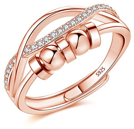 Kamise Silber Anxiety Ring, 925 Sterling Silber Angst Damen Ringe, Offen Einstellbar Anti-Stress Ring Dekompressionsringe Rose Gold, Unendlichkeit Fidget Spinner Stimmungsring Zappelring mit Perlen