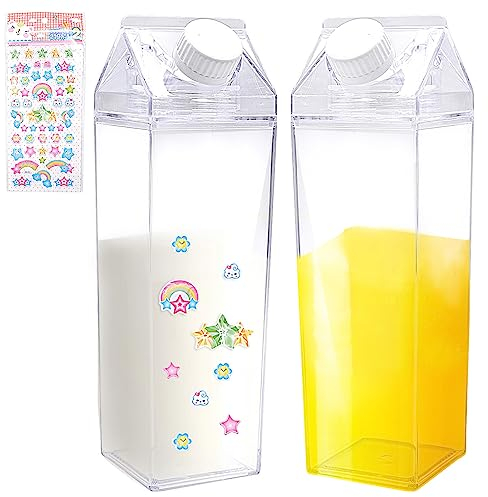 2pcs Transparente Milchkarton Wasserflasche,500ml Milchbox Flasche,Mit Aufklebern,Wiederverwendbarer,FüR Die Lagerung Von GeträNken, Picknicks, Camping, Milch, Orangensaft, Bier Im KüHlschrank