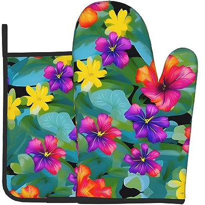 Hawaiianische Topfhandschuhe und Topflappen, bunte Blumen, lang, flexibel, dick, zum Kochen, Backen, Grillen, 2 Stück