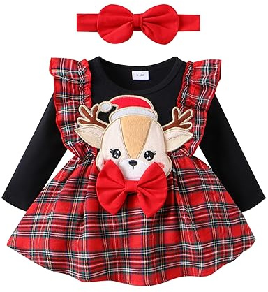 ESSECMBS Ensemble Élégant de Noël 2 Pièces pour Fille, Robe de Noël pour Bébé avec Broderie de Renne à Manches Longues, Robe Élégante pour Bébé, Robe de Princesse pour Enfant + Bandeau, rouge, 9-12
