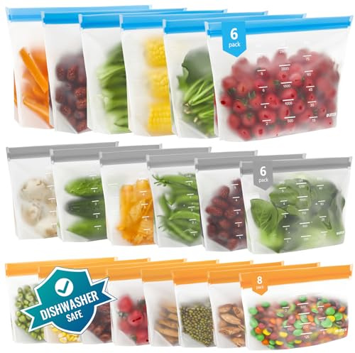 IDEATECH Reusable Freezer Bags 20 Pack Gallon Silicone Food Storage Leakproof Stand Up Pouches BPA Free Dishwasher Safe Plastic Zip Lock Batch Cooking Meal Prep