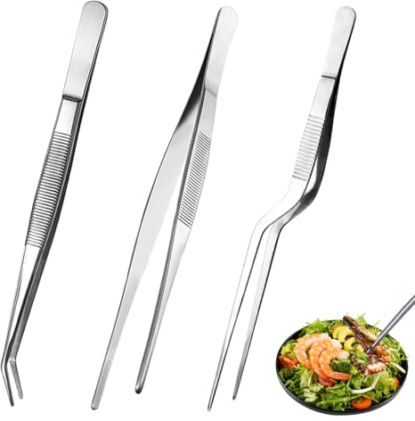 Kitchen Cooking Tweezers Culinary, 3 Pieces of Kitchen Tweezers, Cooking Tweezers, Approx.16 cm Cooking Tweezers, Set Stainless Steel Tweezer, Precision Tongs Offset Tip, Use for Cooking, Grilling