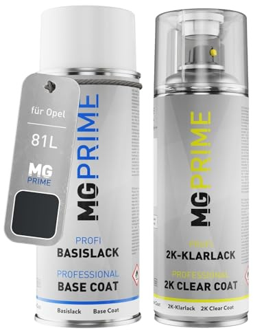 MG PRIME Autolack Spraydose für Opel 81L / 81U/VT/266 Novaschwarz Me. +2K | Novaschwarz Metallic, Set aus Basislack + 2K Klarlack, Sprühdosen 400ml