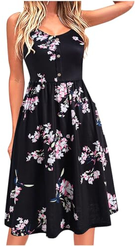 Yageshark Sommerkleid Damen Einfarbig Spaghetti Swing Knielang A-Linien Knopf Kleid Midikleid (Stil1,M)