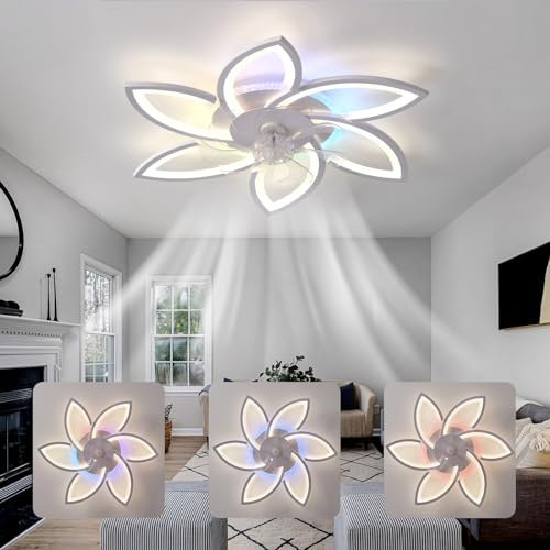 Luyaim 78CM Deckenventilator Mit Licht Und Fernbedienung/APP Dimmbar RGB 6 Geschwindigkeiten Blume Modernes Design Für Kinderzimmer Wohnzimmer Weiß Sommer Winterbetrieb Reversibel